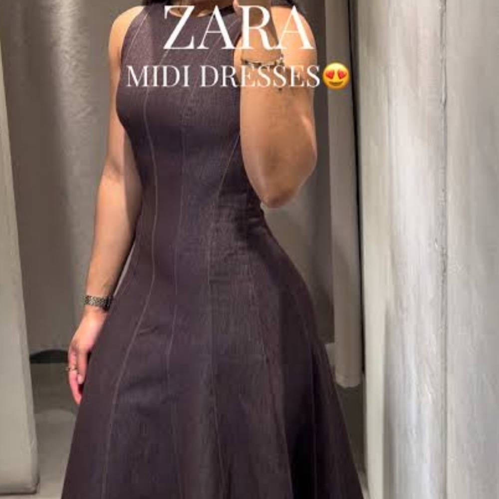 NWT Zara Women's Dark Brown Denim Midi Dress With Orange Top Stitching Large